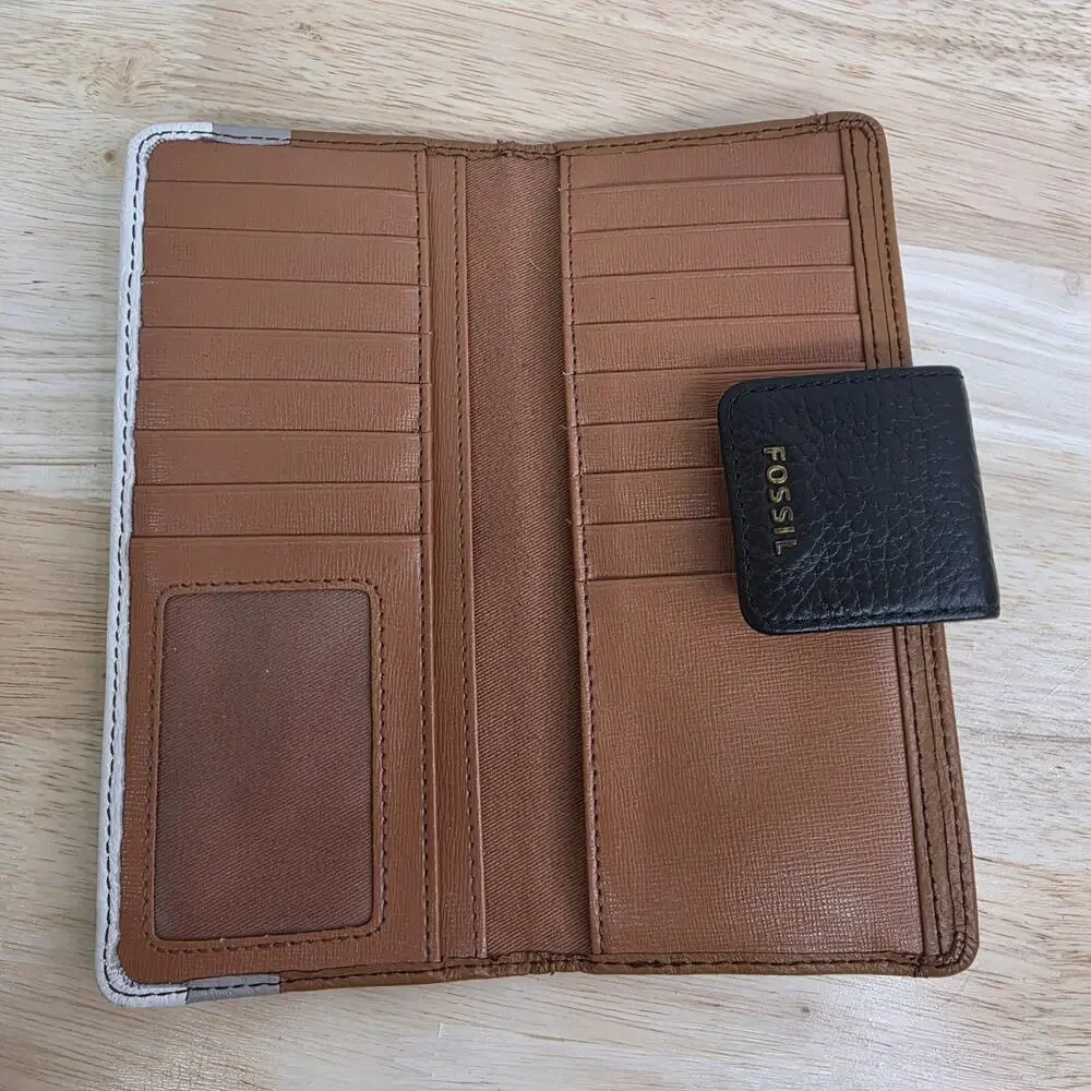 Fossil Colorblock Leather Bifold Wallet Trifold Organizer Brown Tan Black 8x3.5